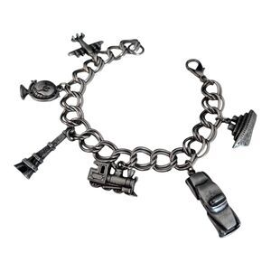 Vintage 1980s Travel Charm Bracelet Plane Eiffel Tower Train Pewter Tone - 8T